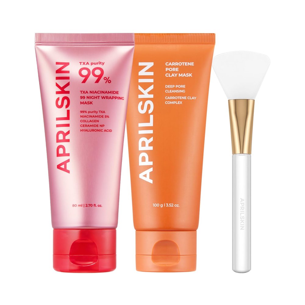 APRILSKIN Day & Night Pore Care Duo with Jelly Brush: Carrotene IPMP 3-Min Quick Dry Pore Caring Clay Mask, TXA Niacinamide 99 Overnight Wrapping Mask and Jelly Brush