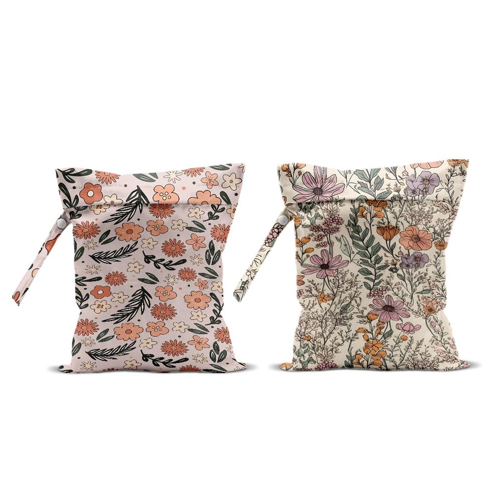 2Pcs Floral Print Wet Bags, Wet Dry Bag Reusable for Swimsuit, Travel, Diapers, Pool, Beach, Dirty Yoga Gym Clothes, Toiletries, Makeup Bag, Zipper Pouch Waterproof Birthday Christmas Gifts