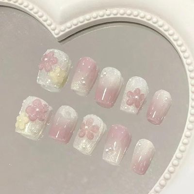 BQZQPAMZ 3D Flower False Nails With Glue Short Gradient Press on Nails Kit Acrylic Set Glitter Square Stick on Nails Glossy Full Coverage Glue on Nails for Women Spring Manicure-24Pcs