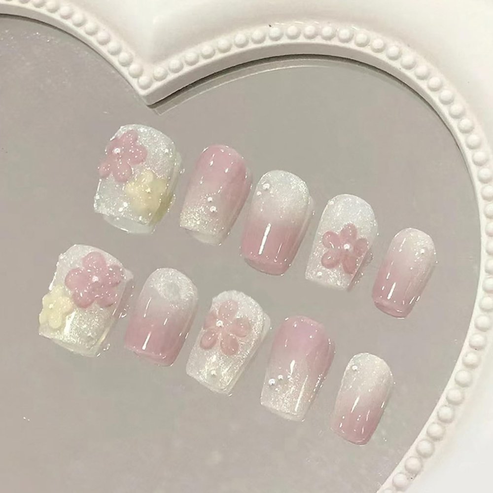 BQZQPAMZ 3D Flower False Nails With Glue Short Gradient Press on Nails Kit Acrylic Set Glitter Square Stick on Nails Glossy Full Coverage Glue on Nails for Women Spring Manicure-24Pcs
