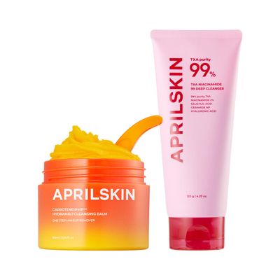 APRILSKIN Double Cleansing Duo for Blackhead Care: Carrotene IPMP Hydromelt Cleansing Balm and TXA Niacinamide 99 Pore Care Pink Bubble Gum Deep Cleanser