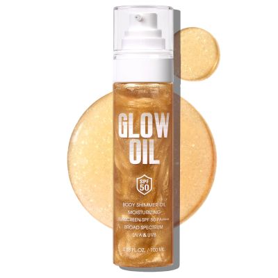 Body Glow OilSPF 50 Broad SpectrumLightweight Non-StickyMoisturizerSunscreen Body Oil with Gold Mica, Water Resistant, Glow Moisturizing Coconut, 3.38 fl oz (01# AMBER)