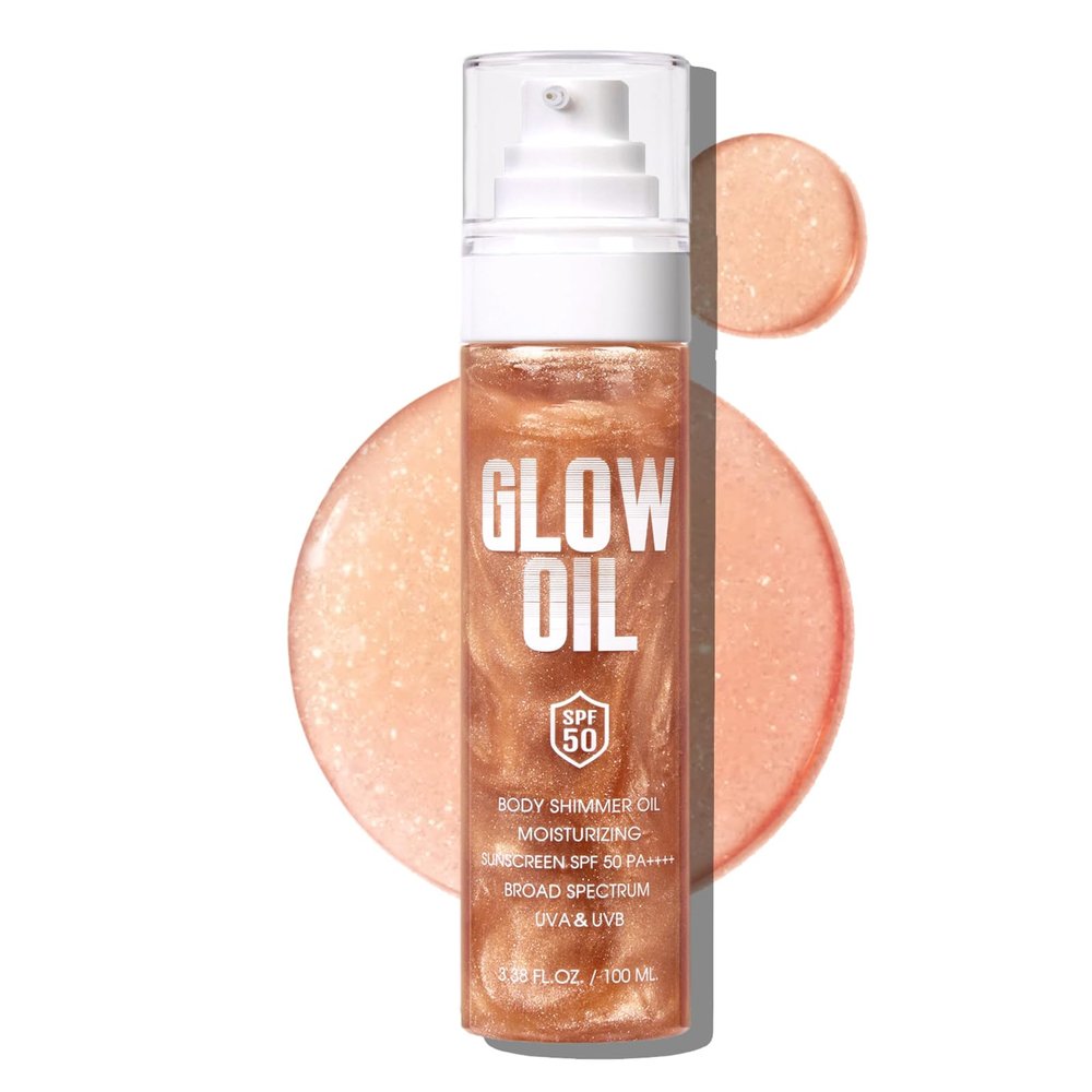 Body Glow OilSPF 50 Broad SpectrumLightweight Non-StickyMoisturizerSunscreen Body Oil with Rose Gold Mica, Water Resistant, Glow Moisturizing Coconut, 3.38 fl oz (02# ROSE)