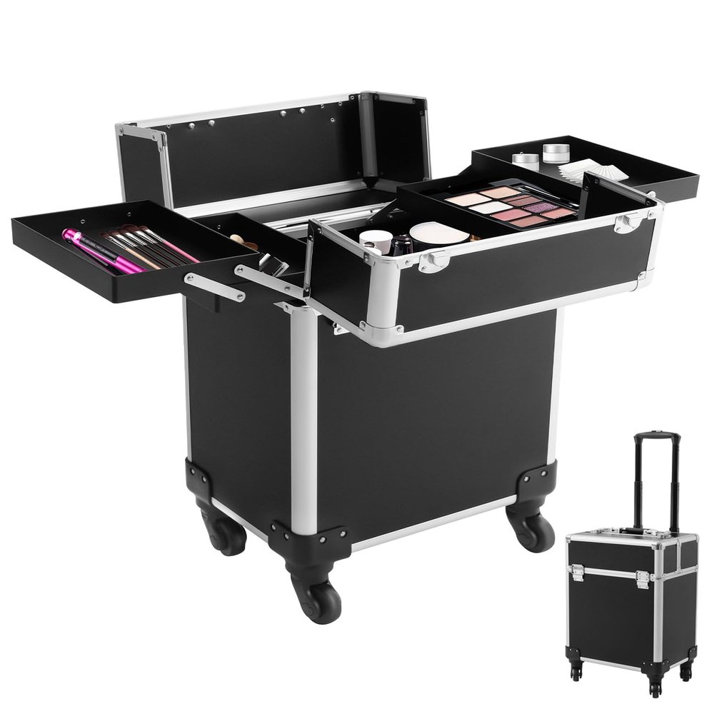 Black Rolling Makeup Case, Professional Cosmetic Box Storage on Wheels, Large Make Up Train Carrying Cases w/4 Organizer Trays, Cosmetic Case Trolley with Locks for Makeup/Nail Art/Hair Styling