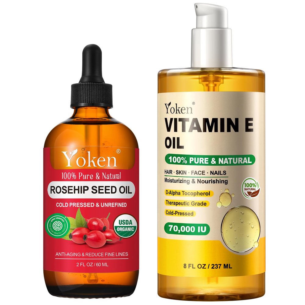 Yoken Vitamin E Oil 8 fl oz and Organic Rosehip Seed Oil 2 fl oz for Face