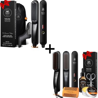 Beard Straightener Brush & Beard Care Kit Bundle  5 Temp Settings, Anti-Scald, Balm, Oil, Comb & Scissors  Gift for Fathers Day, Anniversary, Christmas