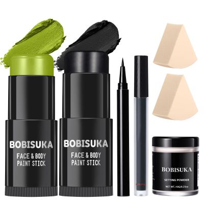 BOBISUKA Light Green & Black Face Body Paint Stick Kit with Black Lipstick & Eyeliner Pen, Setting Powder & 2 Sponges  Halloween Makeup Set for Beetle Juice, Demon, Monsters, Witches & Gothic Looks