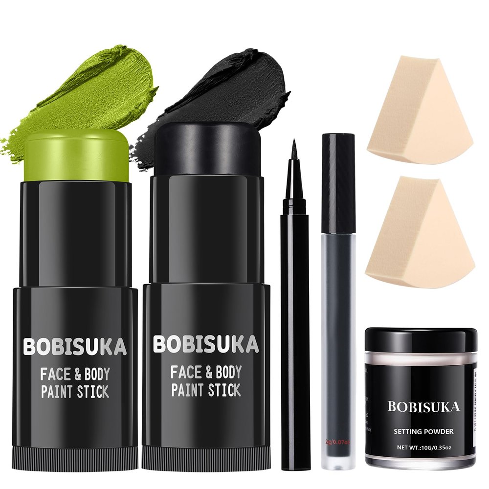BOBISUKA Light Green & Black Face Body Paint Stick Kit with Black Lipstick & Eyeliner Pen, Setting Powder & 2 Sponges  Halloween Makeup Set for Beetle Juice, Demon, Monsters, Witches & Gothic Looks