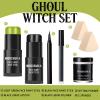 BOBISUKA Light Green & Black Face Body Paint Stick Kit with Black Lipstick & Eyeliner Pen, Setting Powder & 2 Sponges  Halloween Makeup Set for Beetle Juice, Demon, Monsters, Witches & Gothic Looks view 3