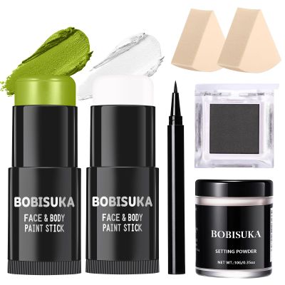 BOBISUKA Light Green & White Face Body Paint Stick Kit with Black Eyeshadow, Black Liquid Eyeliner, Setting Powder & 2 Sponges  Halloween Cosplay Makeup Set for Witch, Beetle Juice, Monster, Goblin