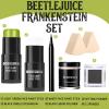 BOBISUKA Light Green & White Face Body Paint Stick Kit with Black Eyeshadow, Black Liquid Eyeliner, Setting Powder & 2 Sponges  Halloween Cosplay Makeup Set for Witch, Beetle Juice, Monster, Goblin view 3