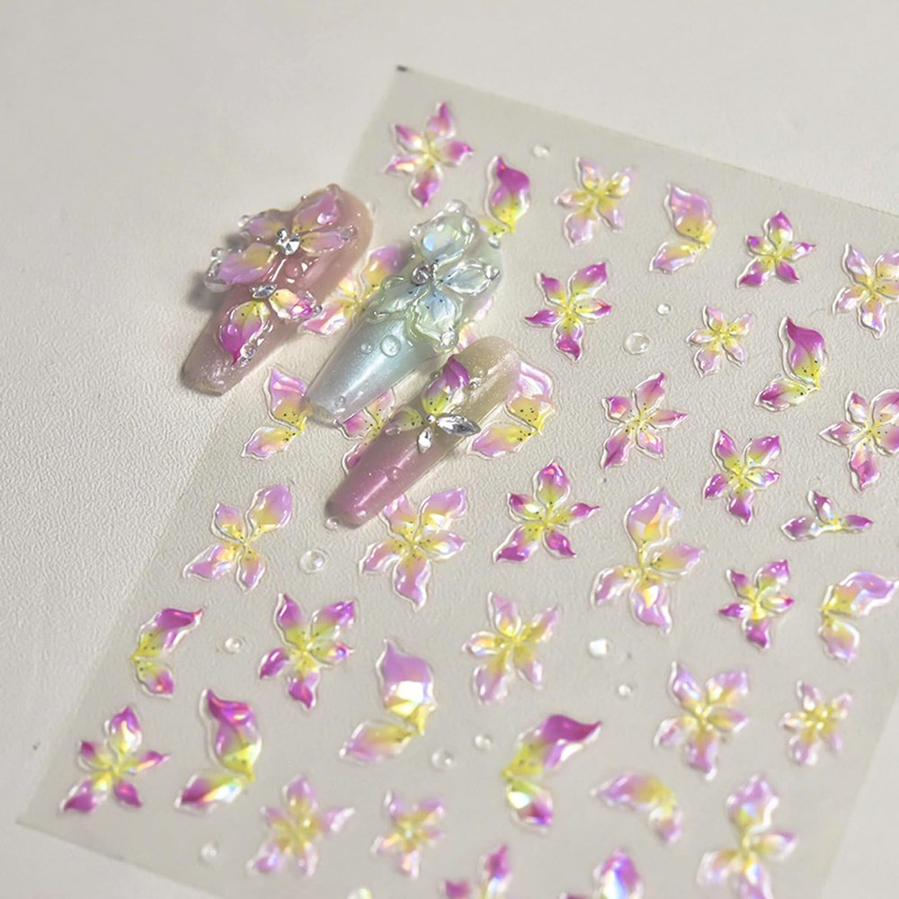 5D Embossed Flower Nail Art Stickers Decals Spring Floral Self-Adhesive Nail Decals Design Yellow Purple Gradient Aurora Flowers Nail Stickers for Women DIY Manicure Decoration Supplies 1 Sheet