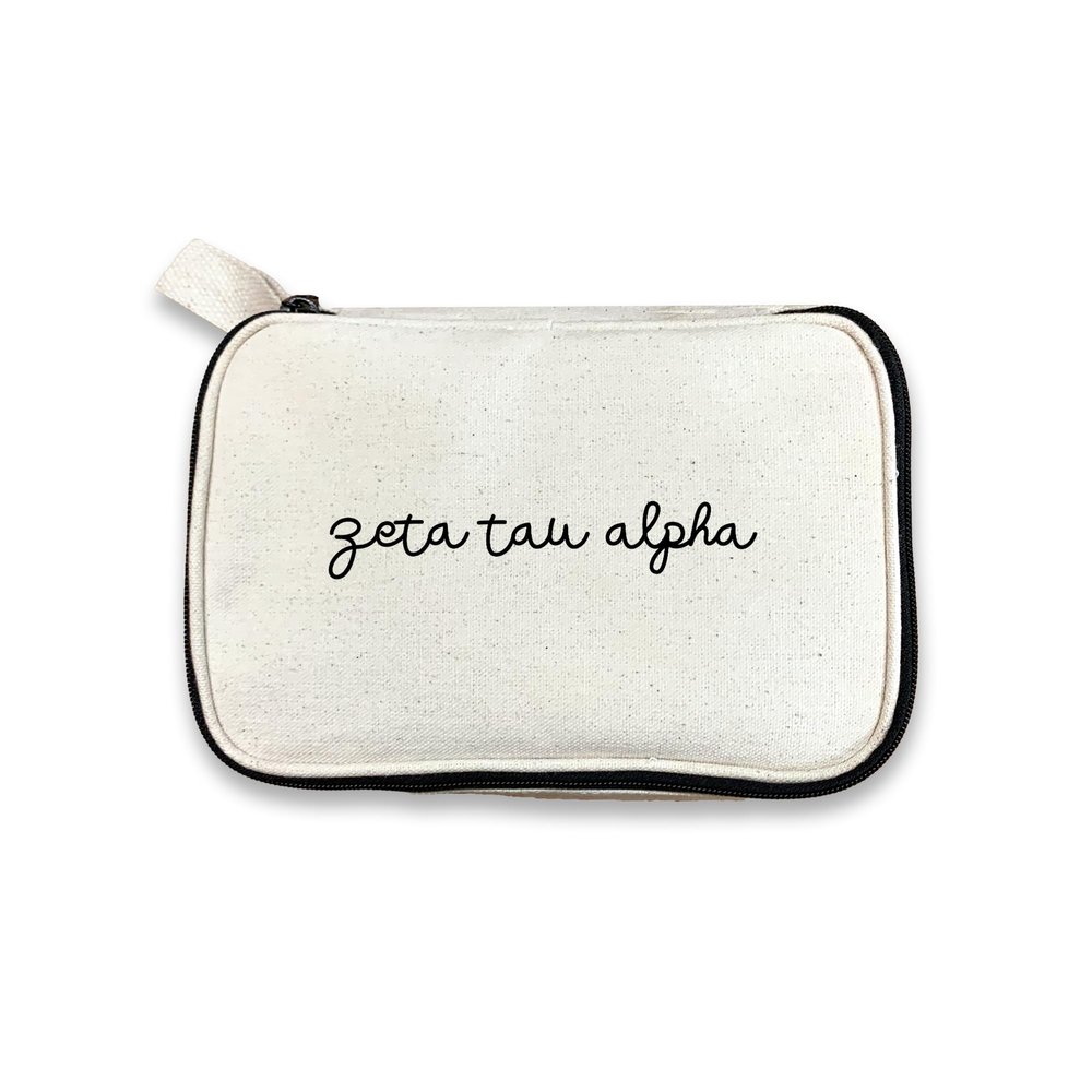 sockprints Zeta Tau Alpha Sorority Makeup Bag  Script Font Cosmetic Pouch for Big Little, Travel, Toiletries & Greek Life Gifts