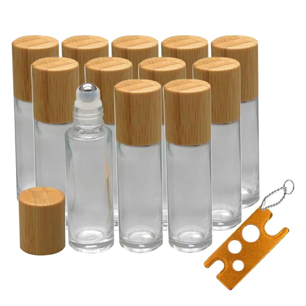 Mineaud 12Pcs 5ML Glass Roll on Bottle with Bamboo Lid for Essential Oils Refillable Perfume Bottles with Stainless Steel Roller Ball
