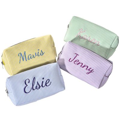 Shangyue Personalized Embroidered Seersucker Makeup Bag,Embroidered Travel Toiletry Bag For Women, Wedding Party Favors (Dark Blue)