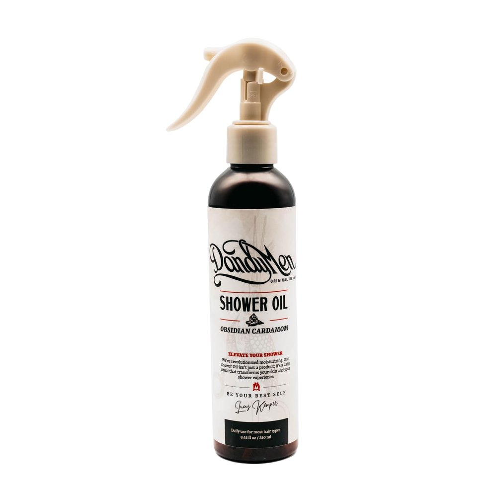 DandyMen Shower Oil | Lightweight Hydration and Gentle Cleansing with Sunflower & Avocado Oils | 8.45 oz (Obsidian Cardamom)