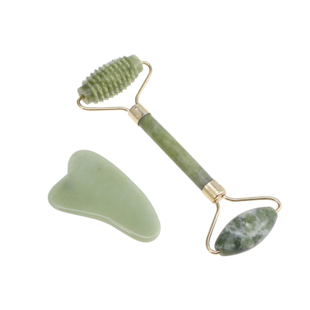 BESTYASH 2pcs Natural Jade Facial Set Includes Gua Scraping Plate Rolling for Neck Relaxation and Muscle Relief