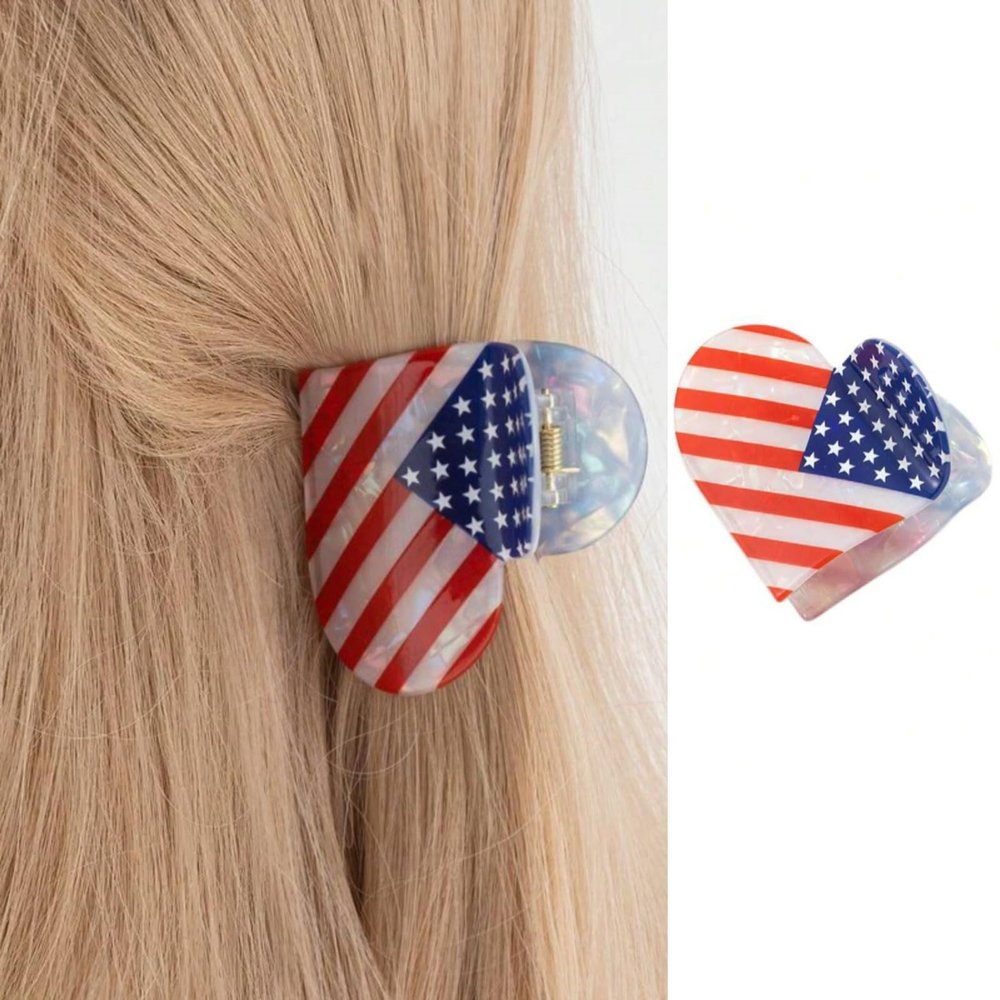 FRUZJAY 4th of July Hair Claw Clips American Flag Hair Clips Heart Shape Acrylic Hair Catch Clamps Independence Day Hair Accessories Patriotic Hair Barrettes Cute Hairpin Strong Hold Styling Jaw Clip