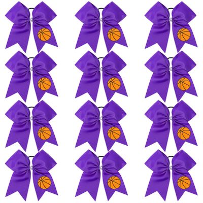 12 PCS Basketball Cheer Bows 8" Large Hair Bows Ponytail Holders for Girls Cheerleader Game Day Sports Team Spirit Accessories Handmade Glitter Streamer Hair Ribbons Bulk