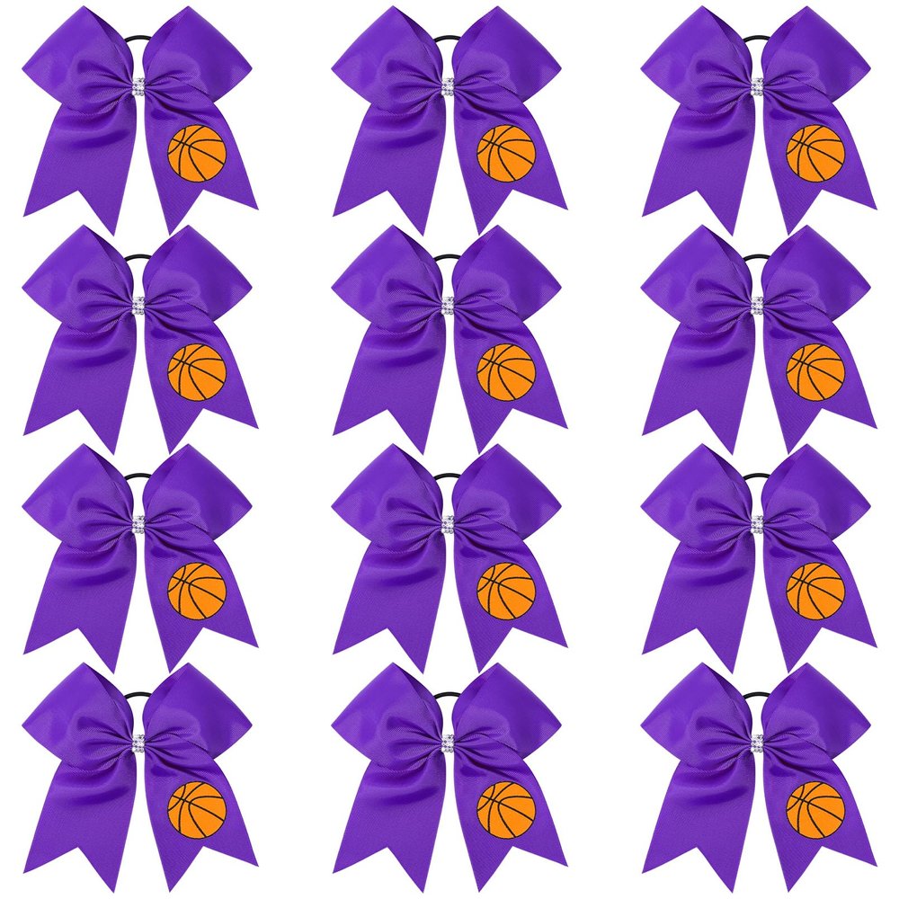 12 PCS Basketball Cheer Bows 8" Large Hair Bows Ponytail Holders for Girls Cheerleader Game Day Sports Team Spirit Accessories Handmade Glitter Streamer Hair Ribbons Bulk