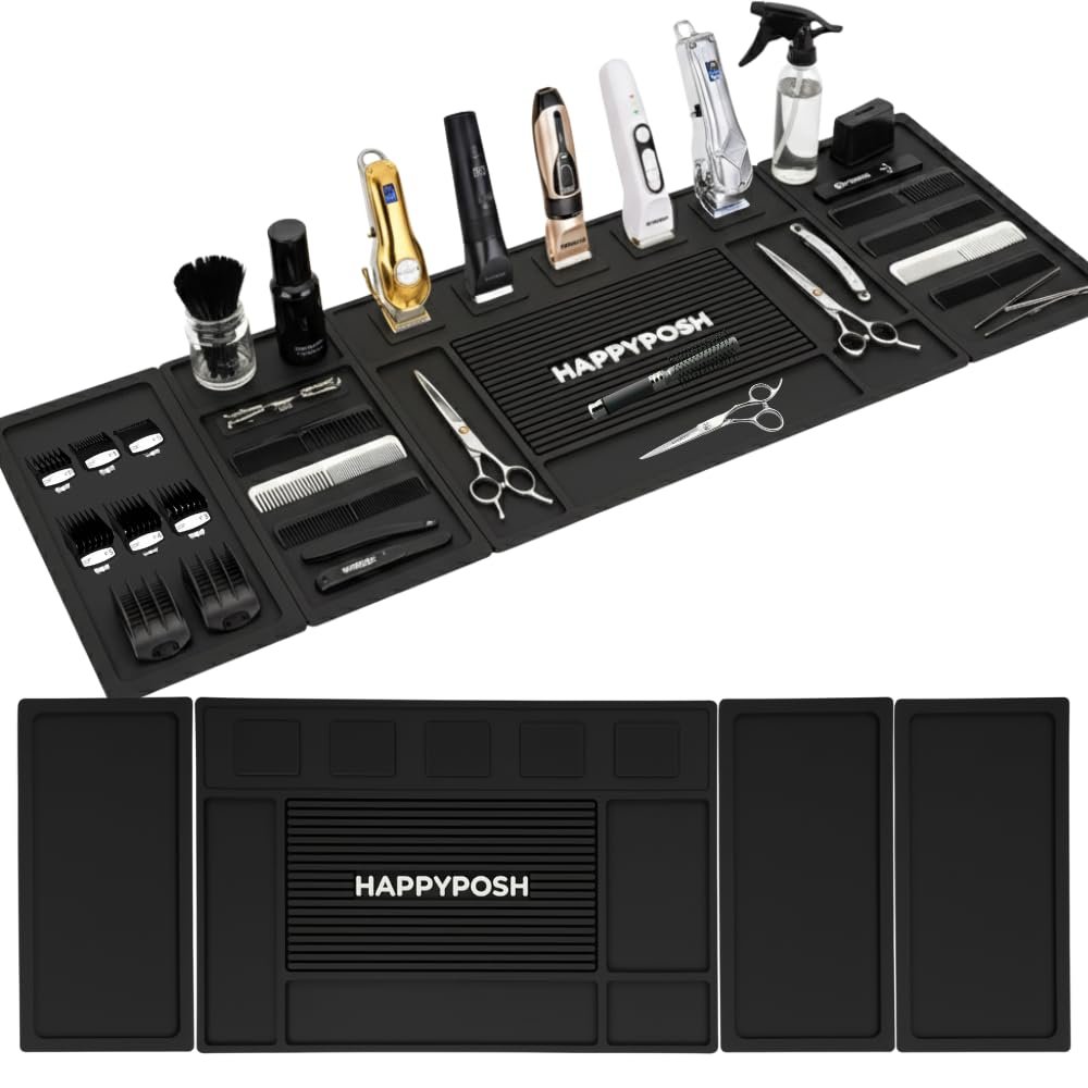 HAPPYPOSH Magnetic Barber Mat, Large Magnetic Barber Mats For Clippers and Supplies, Barbershop Pad for Station, Beauty Salon Table Matt, Tool Organizer for Pro Hairstylist, 4PCS