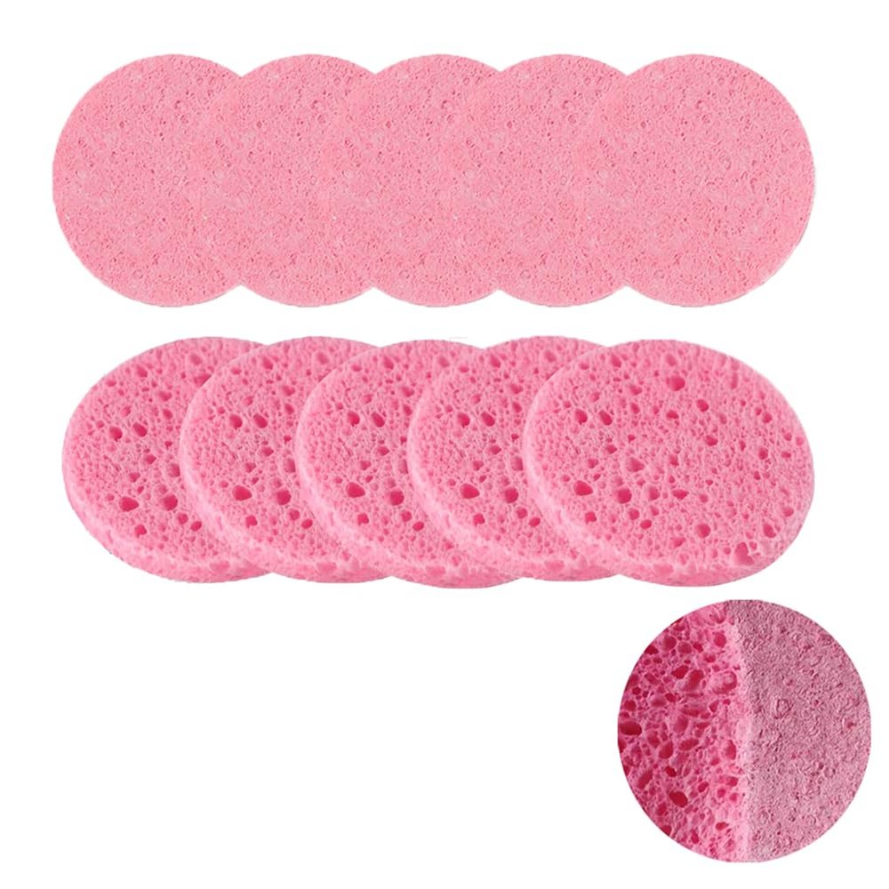 10Pcs Pink Round 2.5Inch Wood Pulp Cotton Compressed Facial Sponge Reusable Face Washing Sponges for Skin Cleaning Cosmetic Spa Makeup Removal