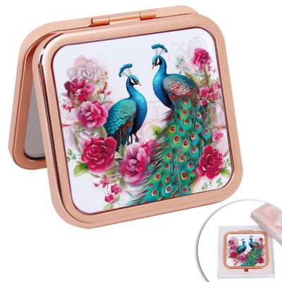 GLINTZ Vintage Compact Mirror Small Peacock Travel Makeup Mirror 2X 1X Magnification Double Sided Folding Square Mirror for Women Girl Metal Cosmetic Pocket Mirror for Purse Handbag