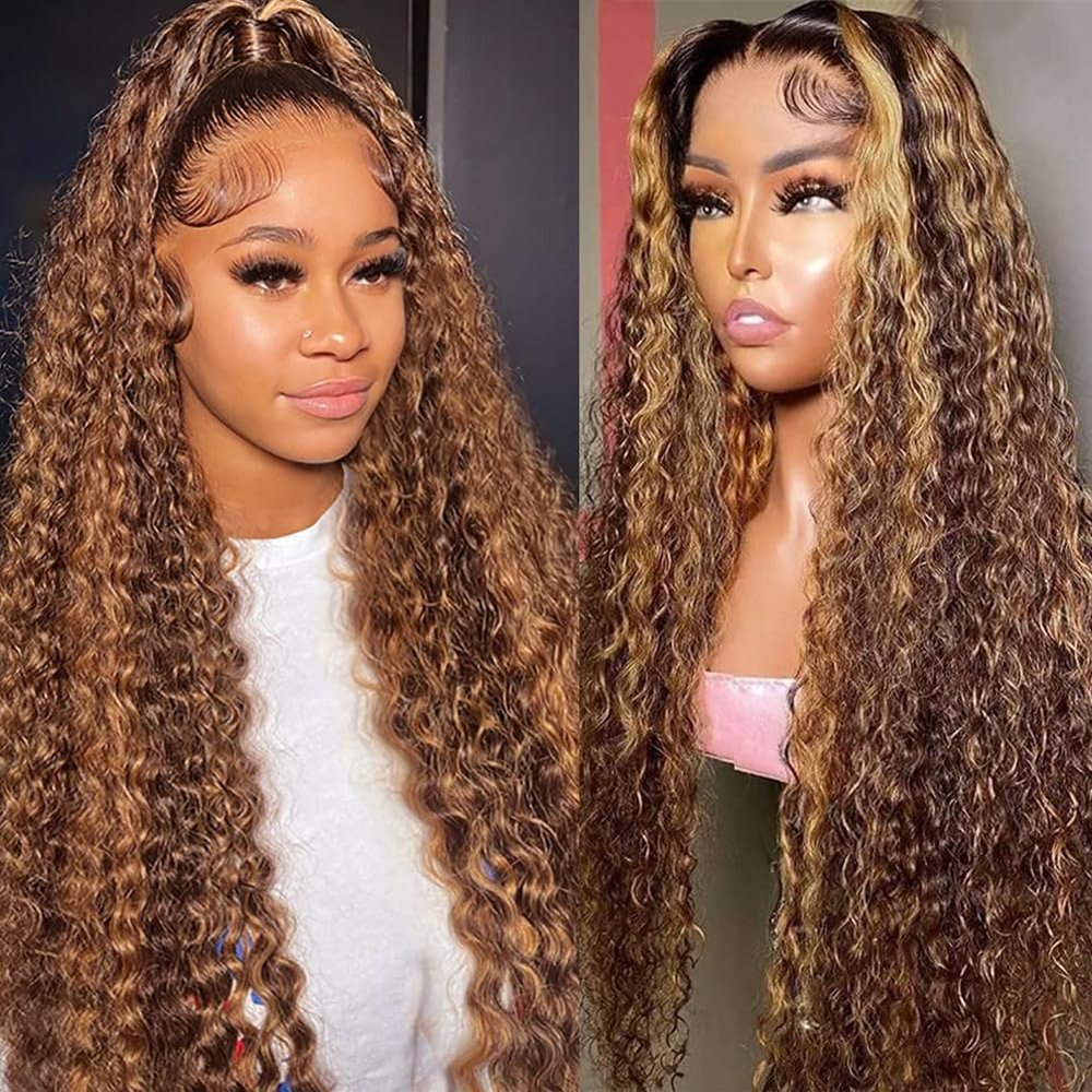 NARNI 28 Inch Honey Blonde Wig Human Hair 13x4 HD Deep Wave Lace Front Wigs Human Hair Pre Plucked 4/27 Highlight Ombre Deep Curly Lace Frontal Wigs 200% Density