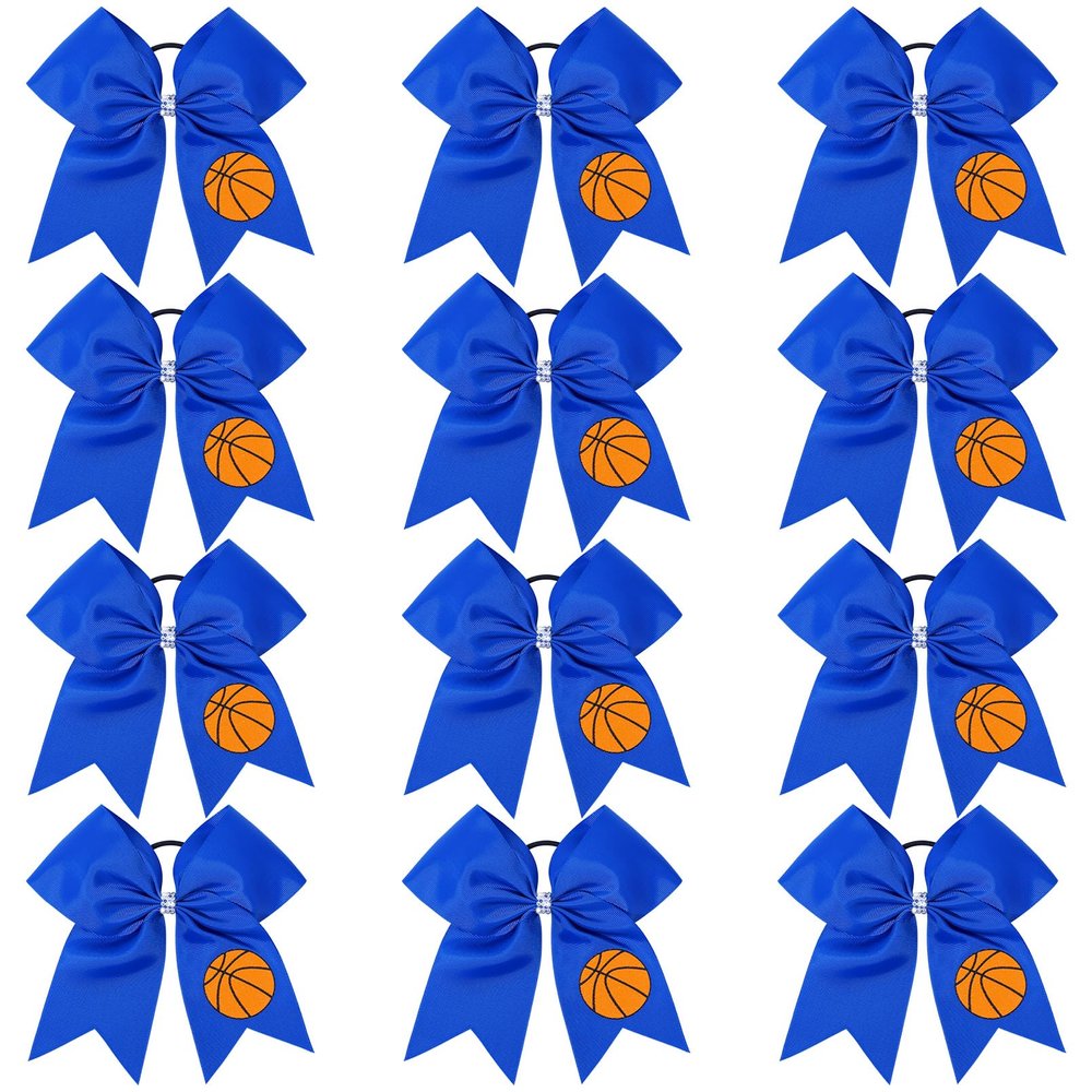 12 PCS Basketball Cheer Bows 8" Large Hair Bows Ponytail Holders for Girls Cheerleader Game Day Sports Team Spirit Accessories Handmade Glitter Streamer Hair Ribbons Bulk