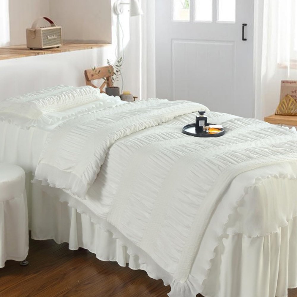LDLCYCN White,180 * 60cm, Massage Table Skirt 4 Piece Massage Table Sheet Set Beauty Massage Table Skirt for Beauty Salon Full Wrap SPA Bed Cover Massage Table Accessories Washable