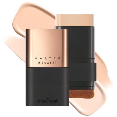 CHOSUNGAH BEAUTY Mega Fit Master Glow Stick Foundation with Brush, 120H Long Lasting Radiant Coverage, All-in-One Stick for Easy Application, K-Beauty, Shade 23, 0.56oz (2.5W Tan Beige)