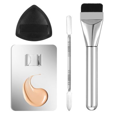 BOHUIZ 4Pcs Makeup Foundation Mixing Palette Set, Including Spatula Makeup Brush, Palette Tray, Powder Puff Make Up Accessories for Women Girl Make Up Cosmetic Spatula Tool