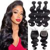 12A Body Wave Bundles with Closure Human Hair 16 18 20+14 Inch Unprocessed Virgin Brazilian Human Hair Bundles With 4x4 Lace Closure 3 Bundles With 4x4 HD Lace Closure view 1