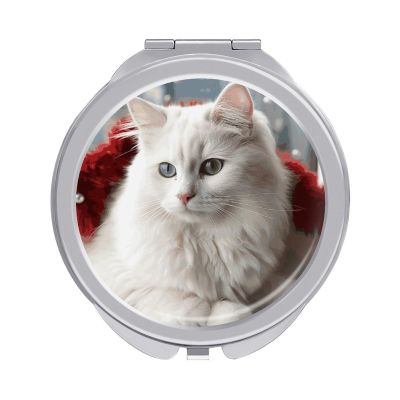NWTRJ Travel Makeup Mirror Portable Folding Cosmetic Compact Mirror Cute White Cat Mini Pocket Mirror for Purses with 2 X 1x Magnification