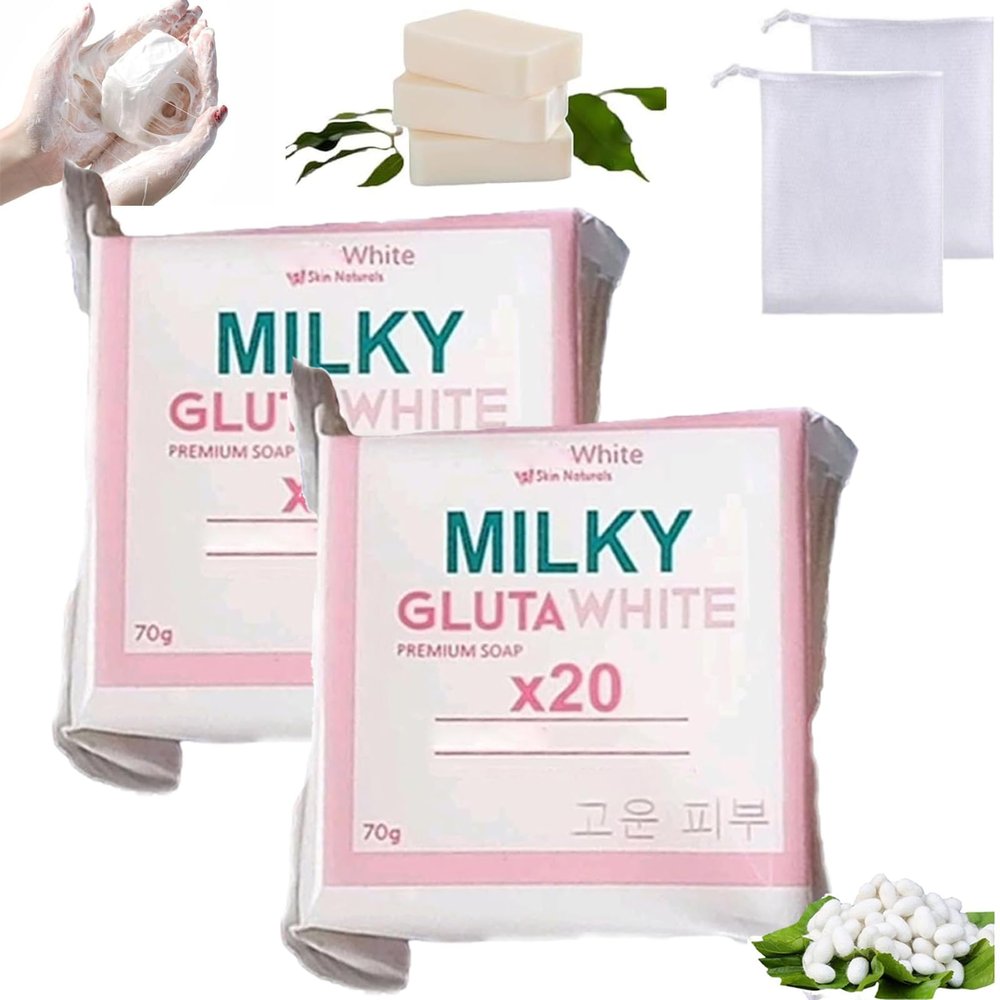 Milky Gluta White Soap 20x, Milky Gluta White Soap, MilkyGluta Whites Bar Soap, Glutamilk Soaps, Glutamilk Premium Soaps for Face & Body, Deep Cleanse, Exfoliate (1, 2pcs)