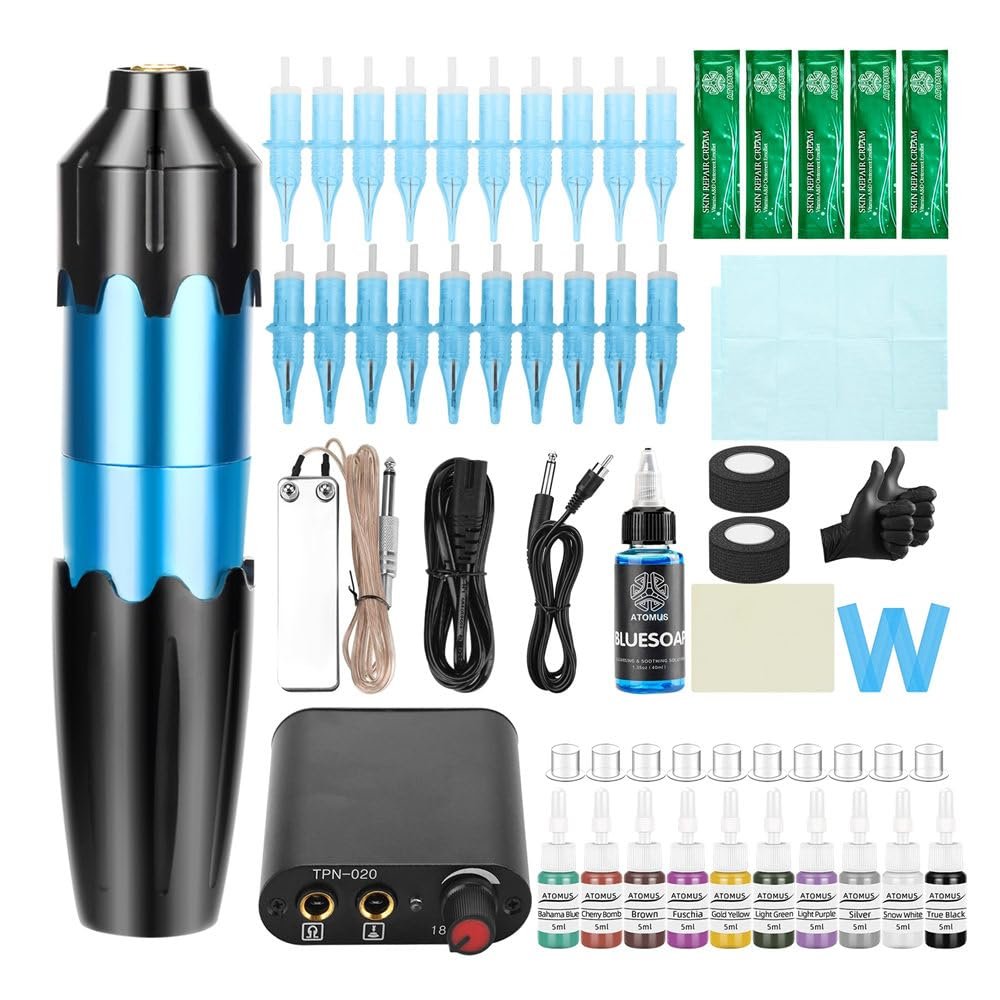 Tattoo Gun Machine Kit with 10 Tattoo Inks 20pcs Tattoo Cartridge Needles Power Supply Tattoo Pen Kit for Beginers and Artists