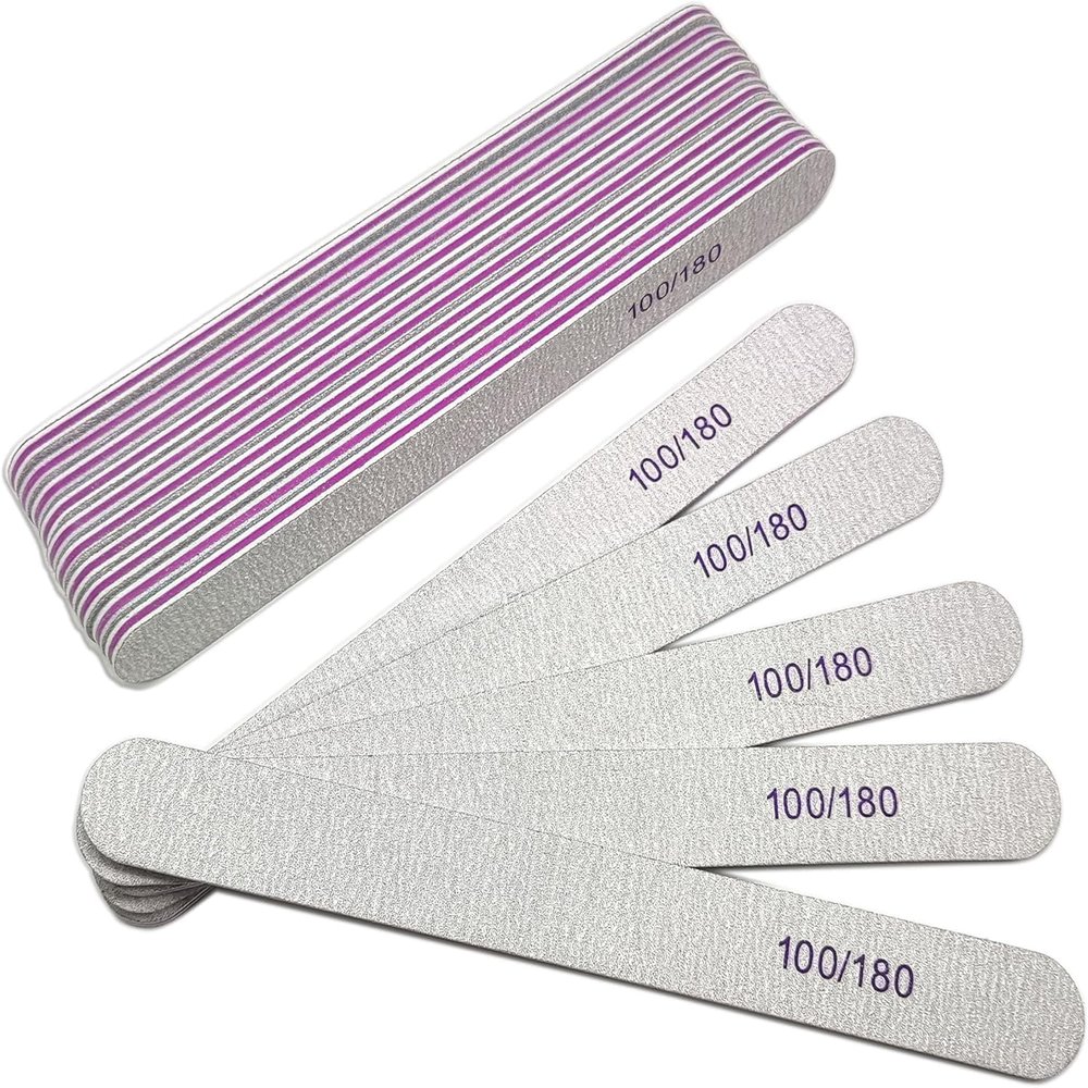 10-Pack Professional Nail Files, Double-Sided 100/180 Grit, White and Pink