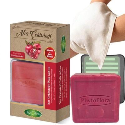 Airobazar Pomegranate Seed Essence Soap 3 in 1 Set: Natural Soap Bar, Soap Tray & Washcloth for Gentle Skin Care