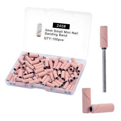 100Pcs Small Sanding Bands Nail Drill Bit, 3.1mm Mandrel Bit for Acrylic Nails Gel Removing Shaping Polishing Salon Use (240 Grit, Pink)