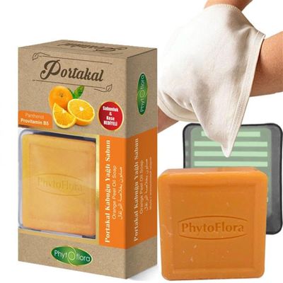 Airobazar Orange Essence Soap 3 in 1 Set: Natural Soap Bar, Soap Tray & Washcloth for Gentle Skin Care