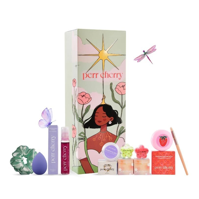 Cherry 8 PCS Organic Makeup Kit Set for Kids & Girls | Birthday Gift for Girls | Includes Eye and Cheek Highlighters, Tinted Balm, Lip Oil, Lip Butter Balm, Blender, Brush, Scrunchie