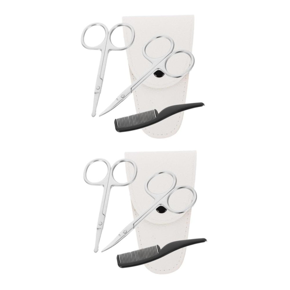 DEARMAMY 2sets 4pcs Precision Beard and Trimming Scissors Set Stainless Steel Grooming Kit with Pointed and Round Scissors White Leather Case Small Comb for Home and Barber Use 4pcs*2