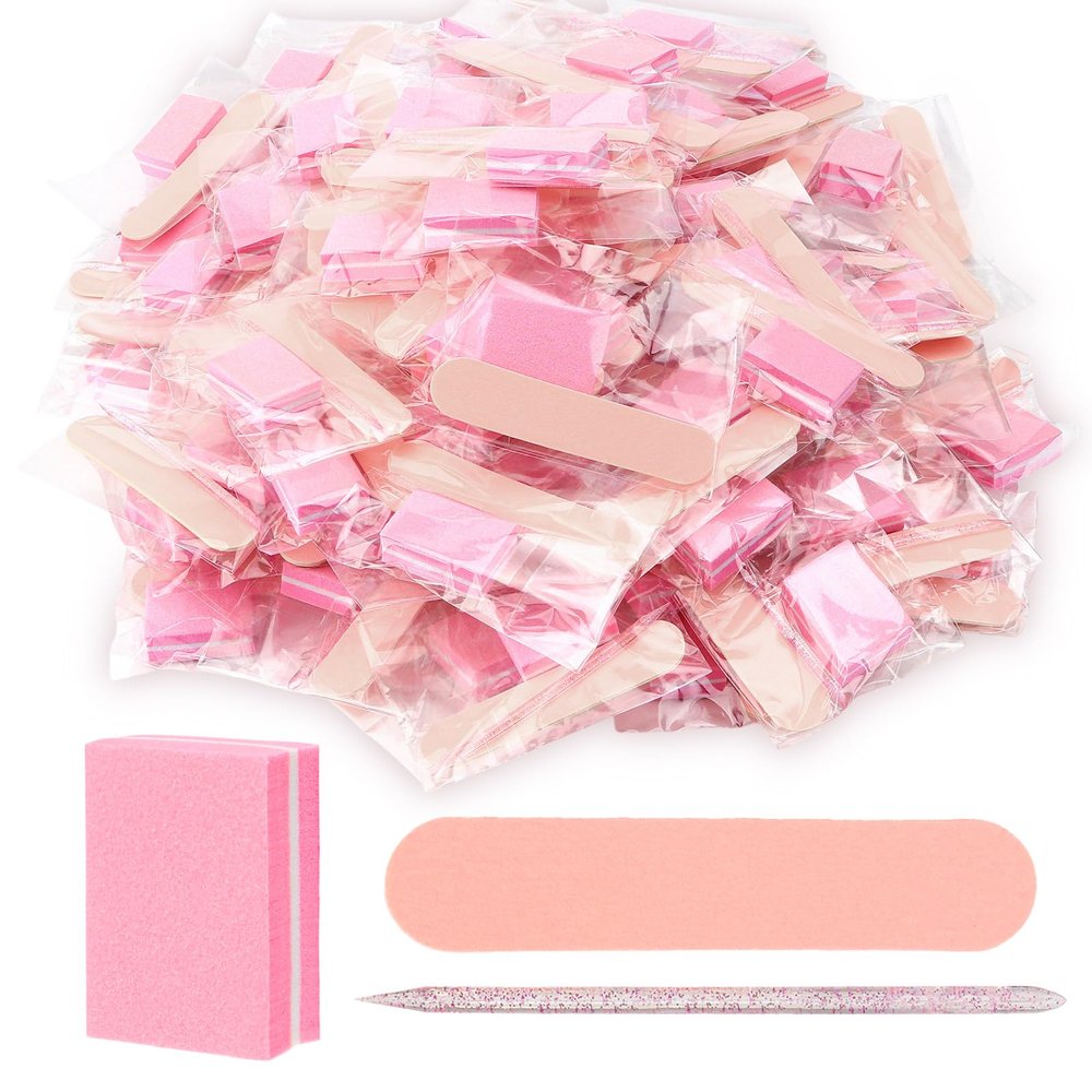 40 Sets Professional Manicure Press On Nail Tool Kit, Pink Disposable Manicure Nail Supplies kit with Mini Nail File,Mini Nail Buffer,Nail Stick