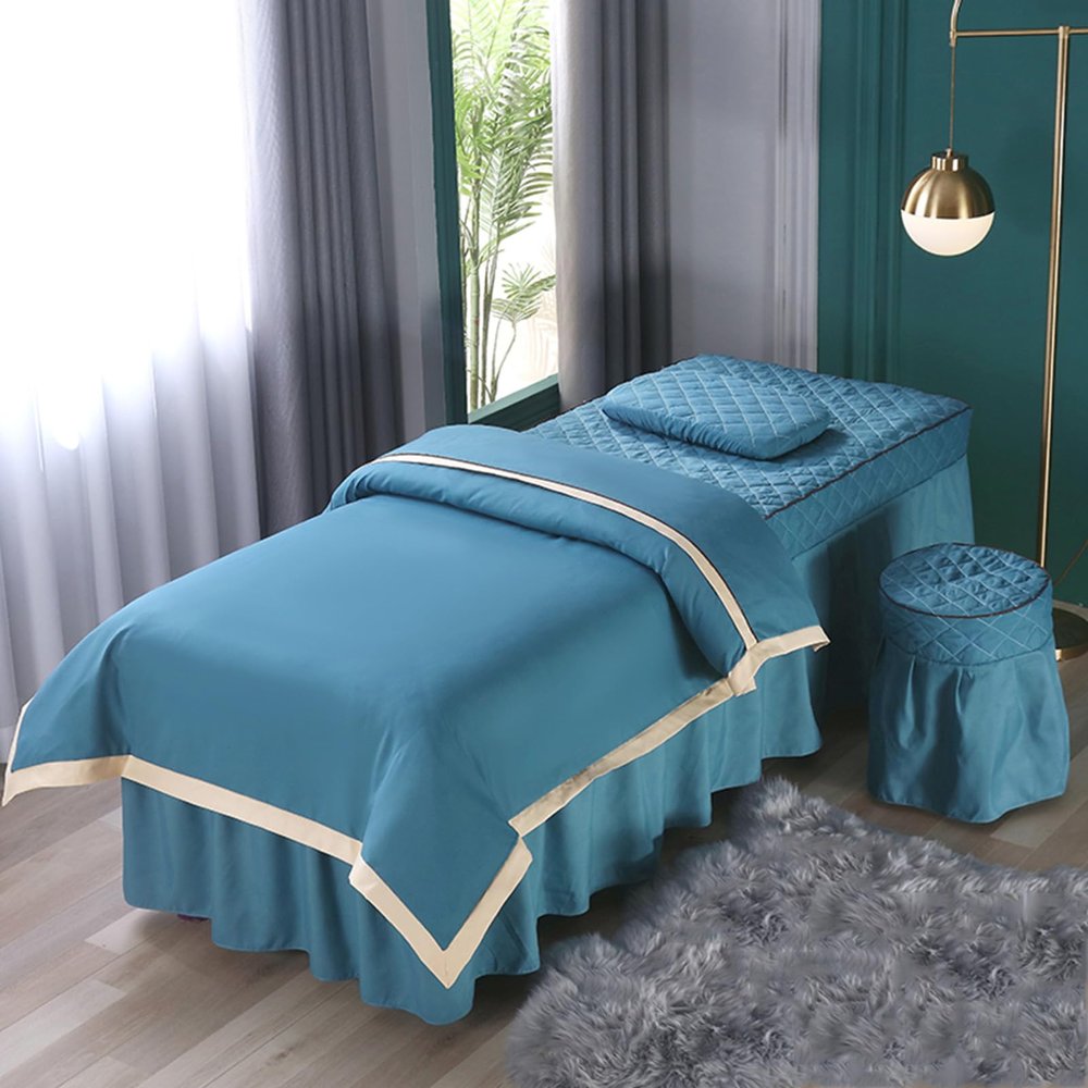 Blue,60x180cm/23.6x70.8in,4 Pieces Set Massage Table Sheets with Face Hole Massage Table Cover,Face Rest Cover Reusable Pillowcase Stool Cover Beauty Spa Massage Table Cover