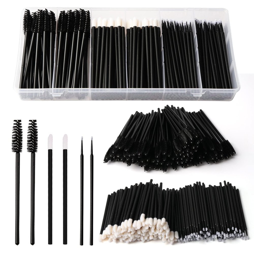 300 Piece Disposable Makeup Brush Set, Black Mascara Wands, Lip Applicators and Micro Brushes with Storage Box for Eyelash Extensions, Lip Applications, Professional Beauty Tool Kit
