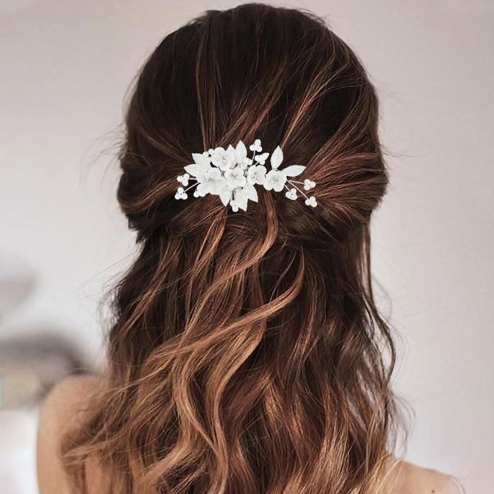 Banatra Flower Wedding Hair Comb Silver Leaf Hair Piece Pearl Bridal Hair Accessories for Women and Girls (Silver)