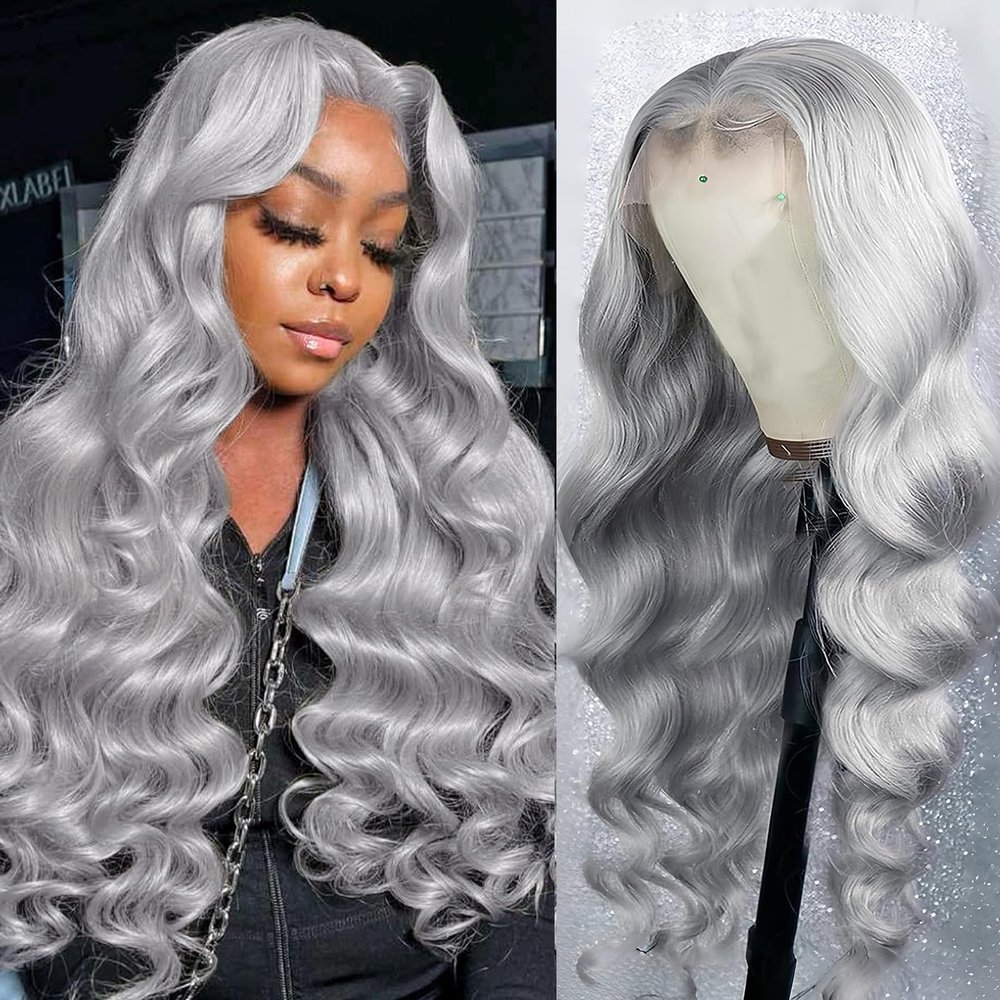 ELFSECRET 13x6 Grey Lace Front Wigs Human Hair Pre Plucked with Baby Hair 180 Density Glueless HD Transparent Lace Frontal Body Wave Wigs Human Hair for Black Women Silver Grey Colored Wig 22 Inch