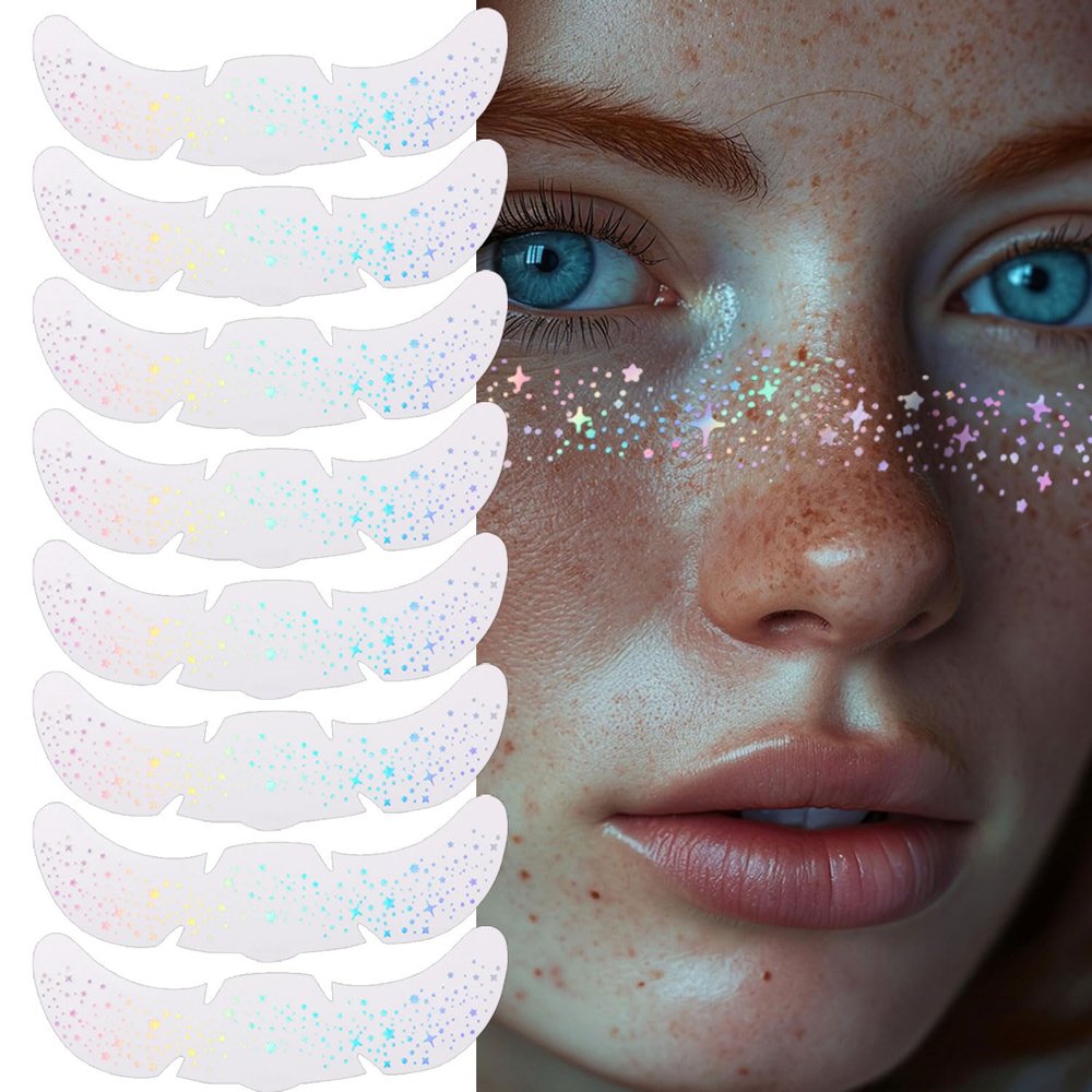 8PCS Glitter Freckles, Glitter Freckles Face Tattoo, Sparkle Freckles for Women and Kids, Cute Star Waterproof Gold Temporary Face Tattoos Glitter Glow Up Patches (8PCSB Holographic Multicolor)