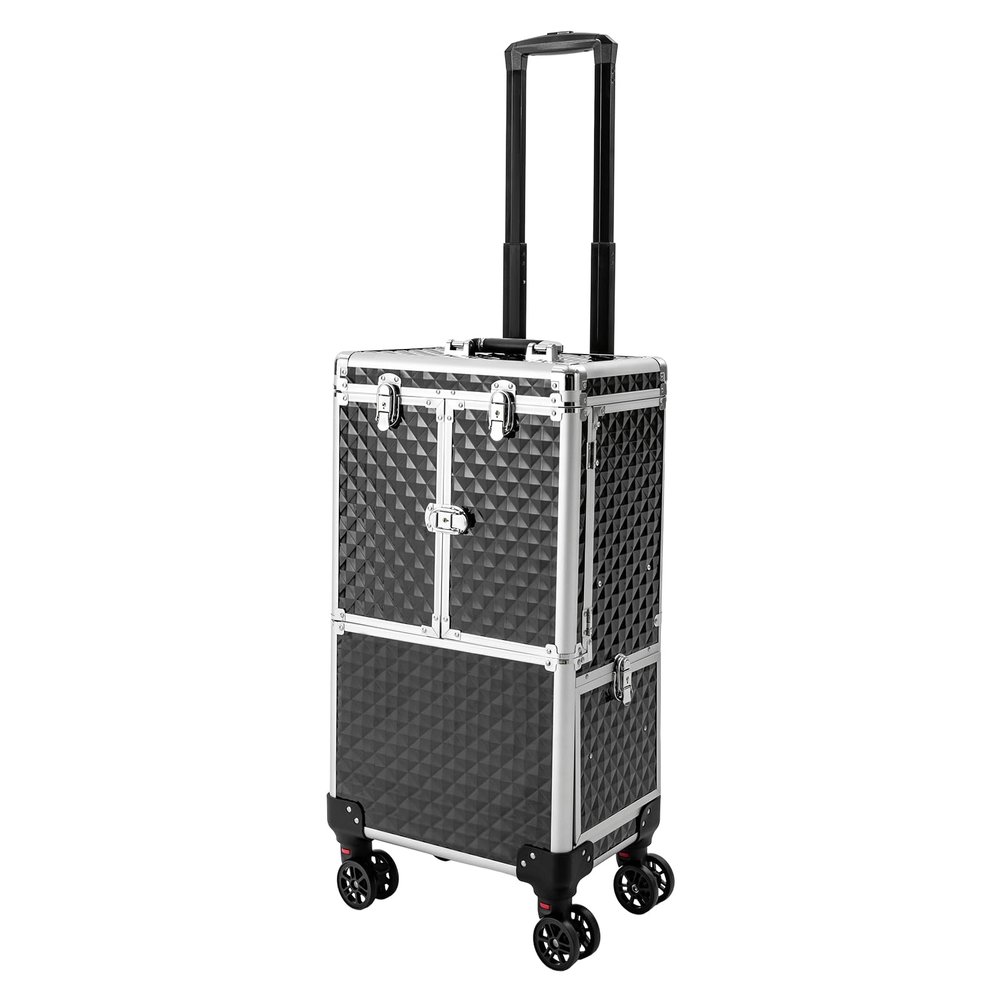 Aluminum Frame Rolling Makeup Train Case, 33Lbs Load-Bearing Cosmetic Trolley with 3-Tier Adjustable Tray & Lockable Design 360 Swivel Wheels, Professional Organizer for Salon, Travel & Stylists