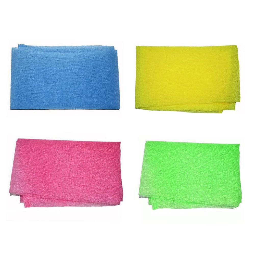 LALADEFIEE 4Pcs Exfoliating Nylon Bath Towels Yellow Green Blue Pink Back Scrubber Wash Cloth for Smooth Skin Removes Dead Skin and Grease